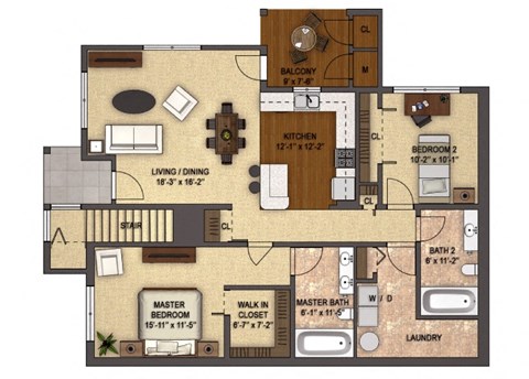 Floor plan for 2 beds, 2 baths, 1215 sqft